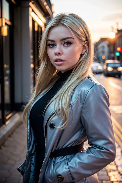 photo of gorgeous (K1mmyM4k3nz1e:0.99), a beautiful woman, perfect blonde hair, (award winning modern photography), (Reflex Blue Colorblock knit poncho:1.1), 85mm, (analog, cinematic, film grain:1.3), (Futuristic dystopian city viewpoint featuring bioengineered glow-in-the-dark scorpions:1.2), detailed eyes, (epiCPhoto), earrings, eyeliner, (looking at viewer:1.2), (cinematic shot:1.3), PA7_Portrait-HL_v2