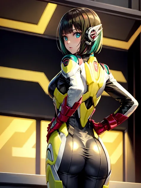 (extremely detailed CG), (best quality), 1girl,solo perfect face,  shiny skin, lustrous skin, wide hips, narrow waist, <lora:ZeroTwo-10:0.8> kamen rider zero-two, ZeroTwo, green armor, bodysuit, green armor,gloves, black bodysuit, red gloves  <lora:HeroineIzu-10:0.6> HeroineIzu ,,aqua eyes, green hair,multicolored hair,humagear_headphones,black hair, bangs, short hair, ,indoors,ass,ass focus, looking back,hands on hips
