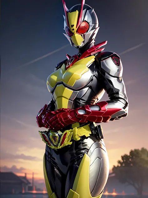 ((masterpiece,best quality)), absurdres, Kamen Rider zero two, 1girl,solo, mature female,faceless female,helmet,armor,(large breasts),(thong leotard,thighhigh leotard,cameltoe),head lowered,side view, red gloves,cowboy shot, cinematic composition, dynamic pose,golden belt,glowing eyes,shiny skin, luminous skin, <lyco:GoodHands-beta2:1.0> <lora:kamen_rider_zero_two_v2:0.75>