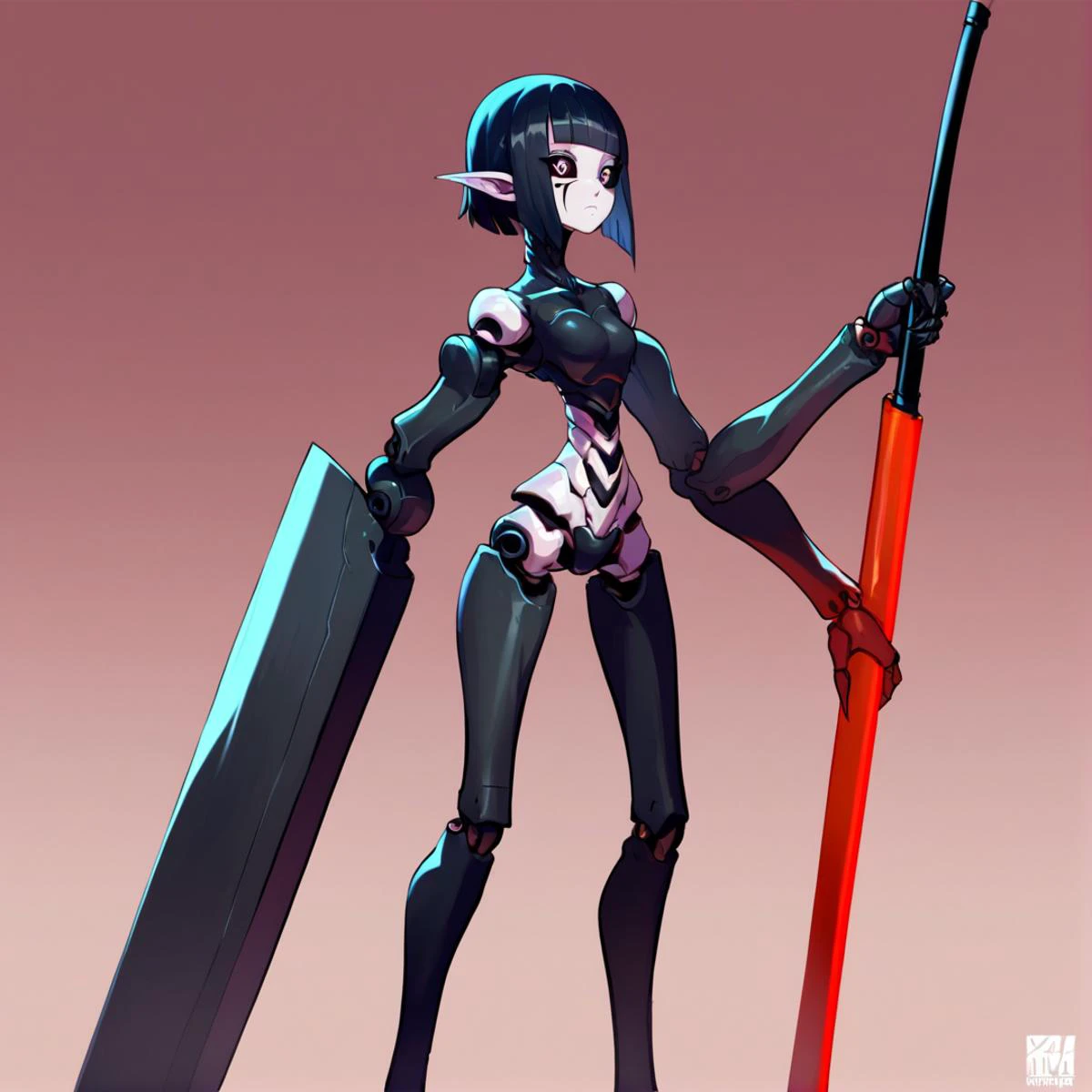 anime artwork Masterpiece, high quality, score_9, score_8_up, score_7_up, 1girl, solo, monster girl, arthropod girl, extra arms, extra legs, blades, scythes, narrow waist, segmented limbs, robot joints, long pointy ears, huge eyes, shiny eyes, <lora:Sanakan_V1:0.8> sanakan, short hair, black hair, blunt bangs, black sclera, pale skin, facial mark, cyborg, android . anime style, key visual, vibrant, studio anime, highly detailed