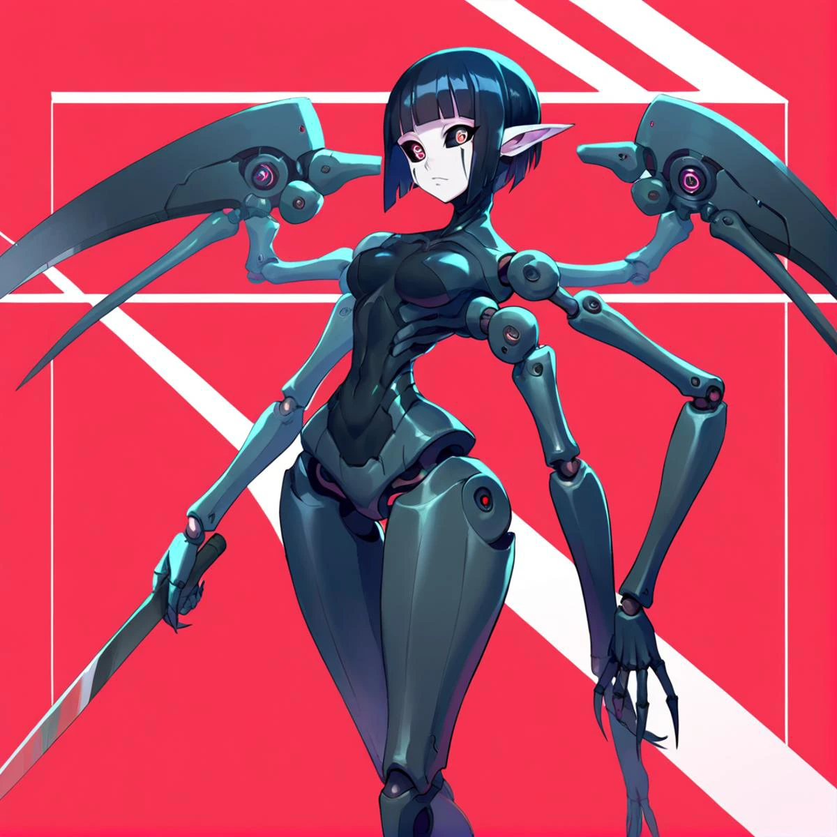 anime artwork Masterpiece, high quality, score_9, score_8_up, score_7_up, 1girl, solo, monster girl, arthropod girl, extra arms, extra legs, blades, scythes, narrow waist, segmented limbs, robot joints, long pointy ears, huge eyes, shiny eyes, <lora:Sanakan_V1:0.8> sanakan, short hair, black hair, blunt bangs, black sclera, pale skin, facial mark, cyborg, android . anime style, key visual, vibrant, studio anime, highly detailed