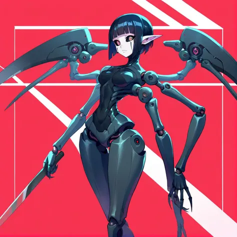 anime artwork Masterpiece, high quality, score_9, score_8_up, score_7_up, 1girl, solo, monster girl, arthropod girl, extra arms, extra legs, blades, scythes, narrow waist, segmented limbs, robot joints, long pointy ears, huge eyes, shiny eyes, <lora:Sanakan_V1:0.8> sanakan, short hair, black hair, blunt bangs, black sclera, pale skin, facial mark, cyborg, android . anime style, key visual, vibrant, studio anime,  highly detailed