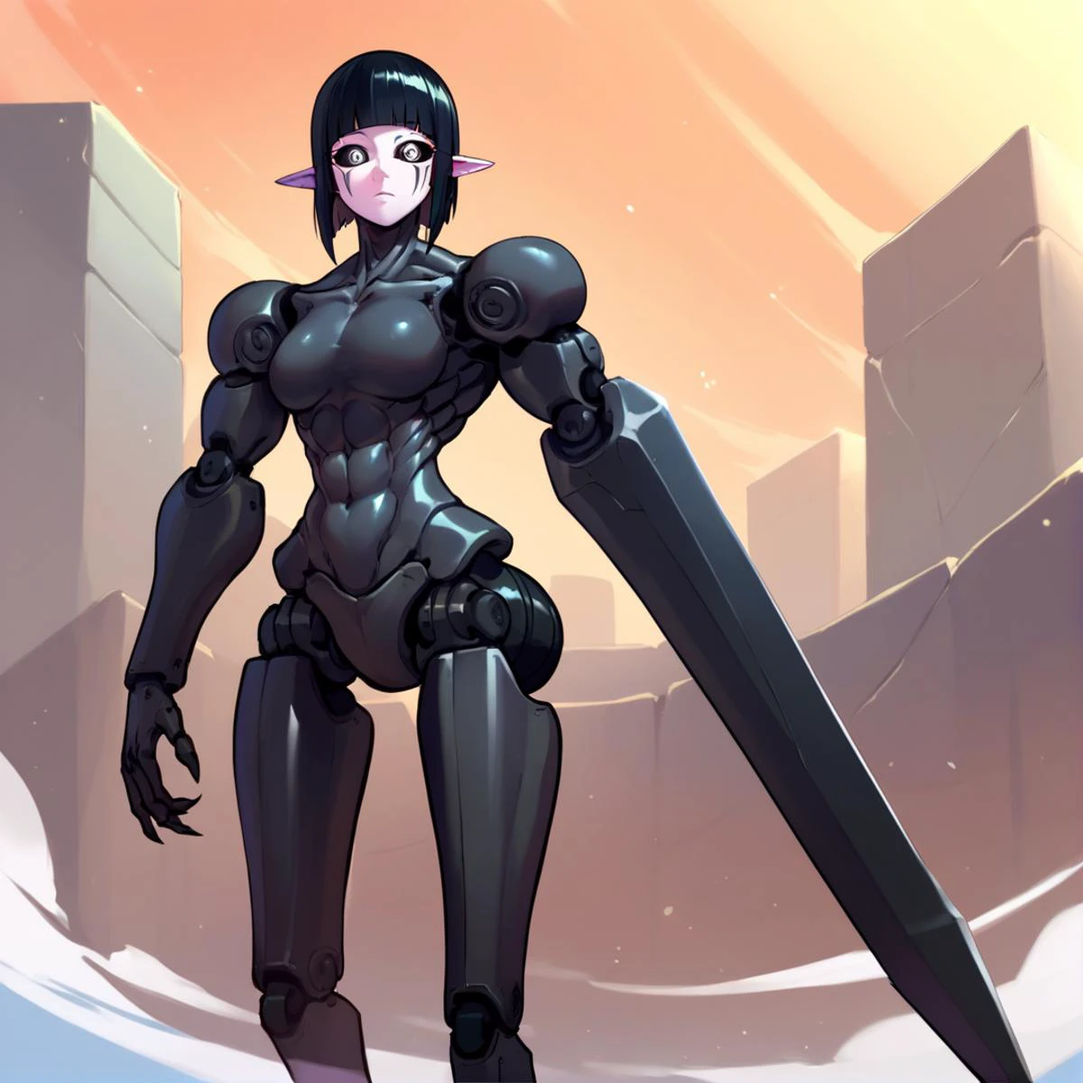 anime artwork Masterpiece, high quality, score_9, score_8_up, score_7_up, 1girl, solo, monster girl, centauroid, centaur, horse lower body, spear, holding polearm, muscular female, segmented limbs, robot joints, long pointy ears, huge eyes, shiny eyes, <lora:Sanakan_V1:0.8> sanakan, short hair, black hair, blunt bangs, black sclera, pale skin, facial mark, cyborg, android . anime style, key visual, vibrant, studio anime, highly detailed