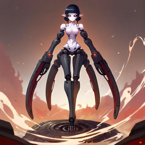 anime artwork Masterpiece, high quality, score_9, score_8_up, score_7_up, 1girl, solo, monster girl, war machine, huge chassis, wheels, turret, tank, weapon, long pointy ears, huge eyes, <lora:Sanakan_V1:0.8> sanakan, short hair, black hair, blunt bangs, black sclera, pale skin, facial mark, cyborg, android . anime style, key visual, vibrant, studio anime, highly detailed