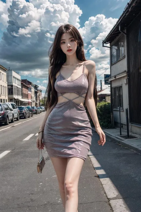 (1girl:1.3), Solo, __body-parts__, Kim Ji-ni Jennie Face, Korean style photo photo, photography lighting, slip dress, strong contrast, sun on face, world-weary face, high-end sense, cold eyes, feminine, background cement gray, 8k resolution image, intricate symmetrical details. The whole picture goes forward, mainly a woman standing all over her body, with smooth movements and a complete picture.