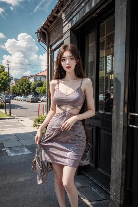 beautiful detailed Korean girl, 16 years youngest girl, beautiful detailed eyes, beautiful detailed lips, extremely detailed face and eyes, long eyelashes, delicate features, elegant pose, standing beside beautiful highway road, wide highway, flower trees beside highway, cinematic lighting, vibrant colors, photorealistic, 8k, (best quality,4k,8k,highres,masterpiece:1.2),ultra-detailed,(realistic,photorealistic,photo-realistic:1.37), UHD, beautiful face, realistic face, realistic skin, realistic smile, realistic atmosphere, every thing is realistic, cutest smile, realistic body, realistic body language, realistic hands, realistic arms, realistic hand fingers, realistic legs, round young breasts, perfect body figure, standing beside highway, above ankle body shot, cute face, stylish look, stylish angles, ((silky satin pink above knee length dress)),(smile:1.2), bright skin, cute, sweet, one hand on hip another hand on chest pose, realistic pose