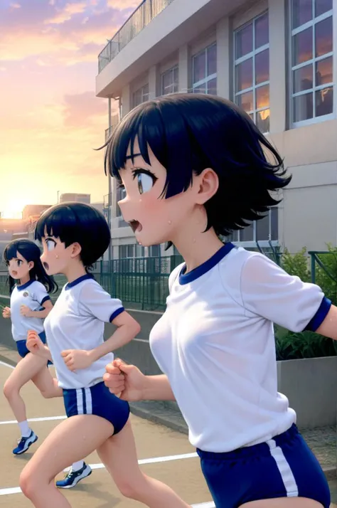koutei,outdoors,sunset,building,window,fence,cloud,3girls,petite,upper body,blackhair, small breasts,running,sweat, bouncing breasts,BK2S, JP530S2N, taisoufukuN, gym uniform, blue buruma, <lora:gakkou_koutei_SDXL_V1:0.8> <lora:Buruma_BLUE2S_SDXL_V1:0.7> <lora:XDetail_light:1.3>,masterpiece, best quality,ultra detailed