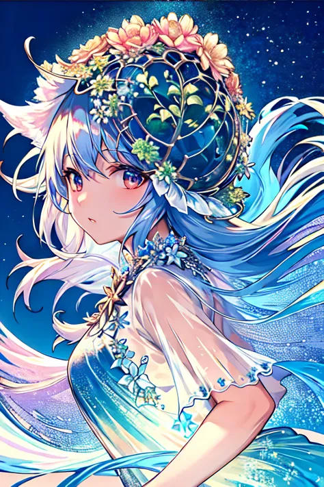 masterpiece, best quality, <lora:Animals:0.8>,girl:1.4,plants,night,starry,(glass)