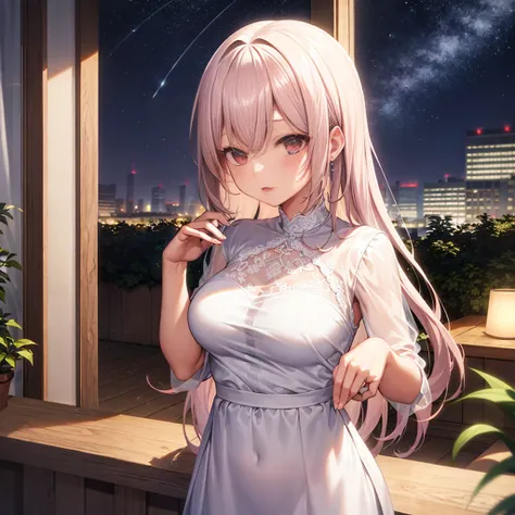 see-through, [white:pink:0.7]hair, long hair, masterpiece, best quality, <lora:Animals:0.8>,(((girl:1.3))),plants,night,starry,(glass)