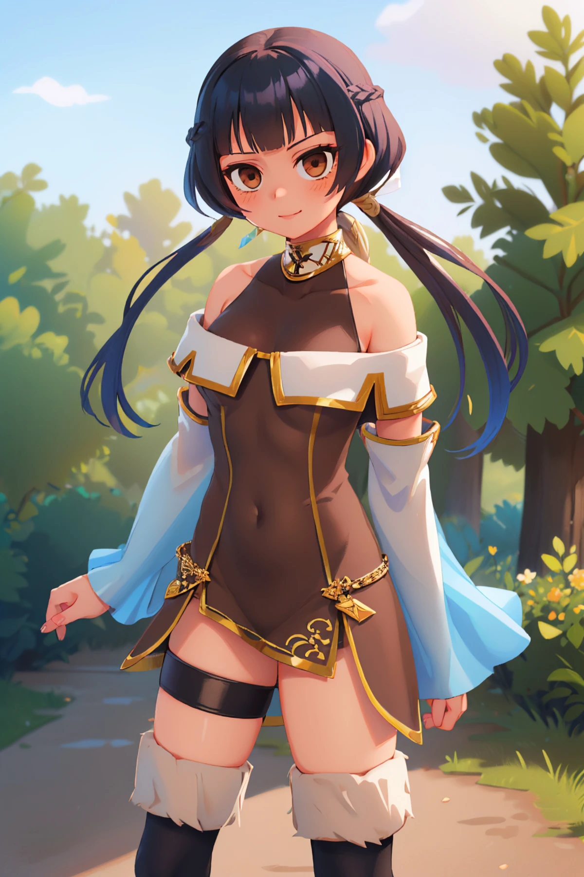 (masterpiece, best quality:1.2), solo, 1girl, feathena, slight smile, looking at viewer, brown dress, detached sleeves, shorts, thighhighs, boots, bare shoulders <lora:athena-nvwls-v1:1>