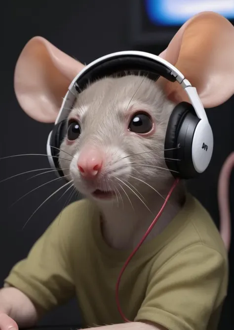 a rat wearing a gaming headset, photorealistic