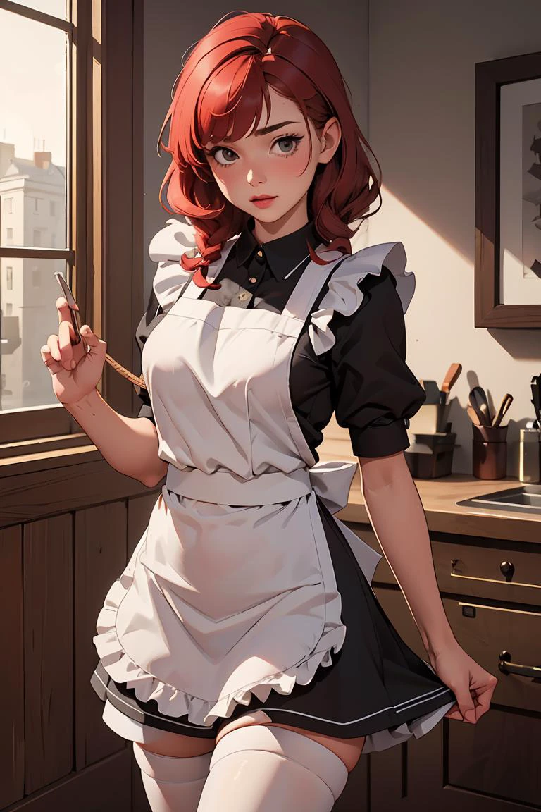 (masterpiece, best quality), 1girl, <lora:ShibariV1:1> crotch rope, shibari under clothes, maid apron, red hair,