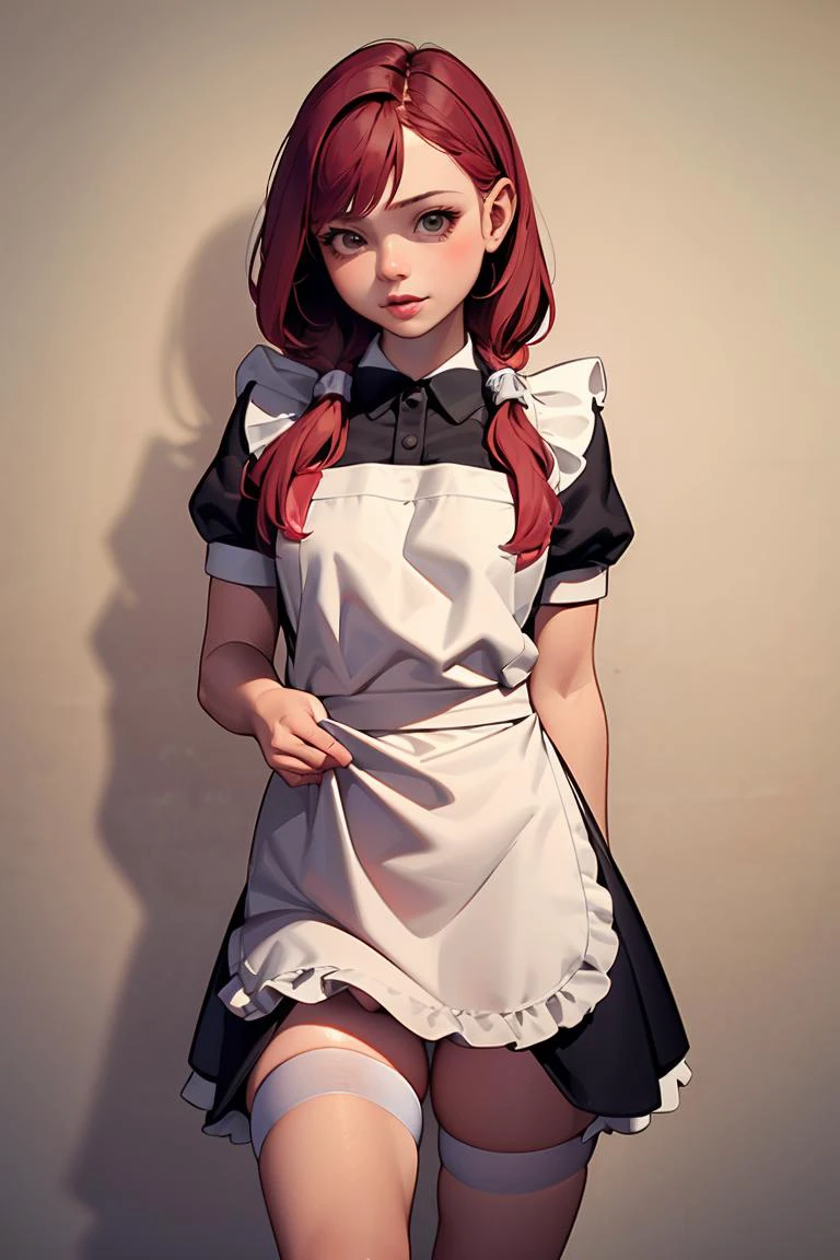(masterpiece, best quality), 1girl, <lora:ShibariV1:1> crotch rope, shibari under clothes, maid apron, red hair,