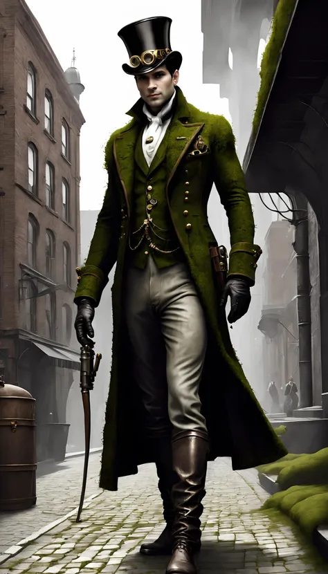 <lora:mosscoveredXL:1>moss, man clothes in location: steam punk city, (Masterpiece:1.3) (best quality:1.2) (high quality:1.1)