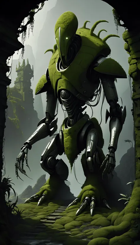 anime screencap, <lora:mosscoveredXL:1>moss a forgotten robot sentinel guarding an archaic gate in a lush alien jungle, no_humans, in tsunami aftermath, dynamic pose, dynamic angle, detailed intricate, nature, natural elements,, (Masterpiece:1.3) (best quality:1.2) (high quality:1.1)