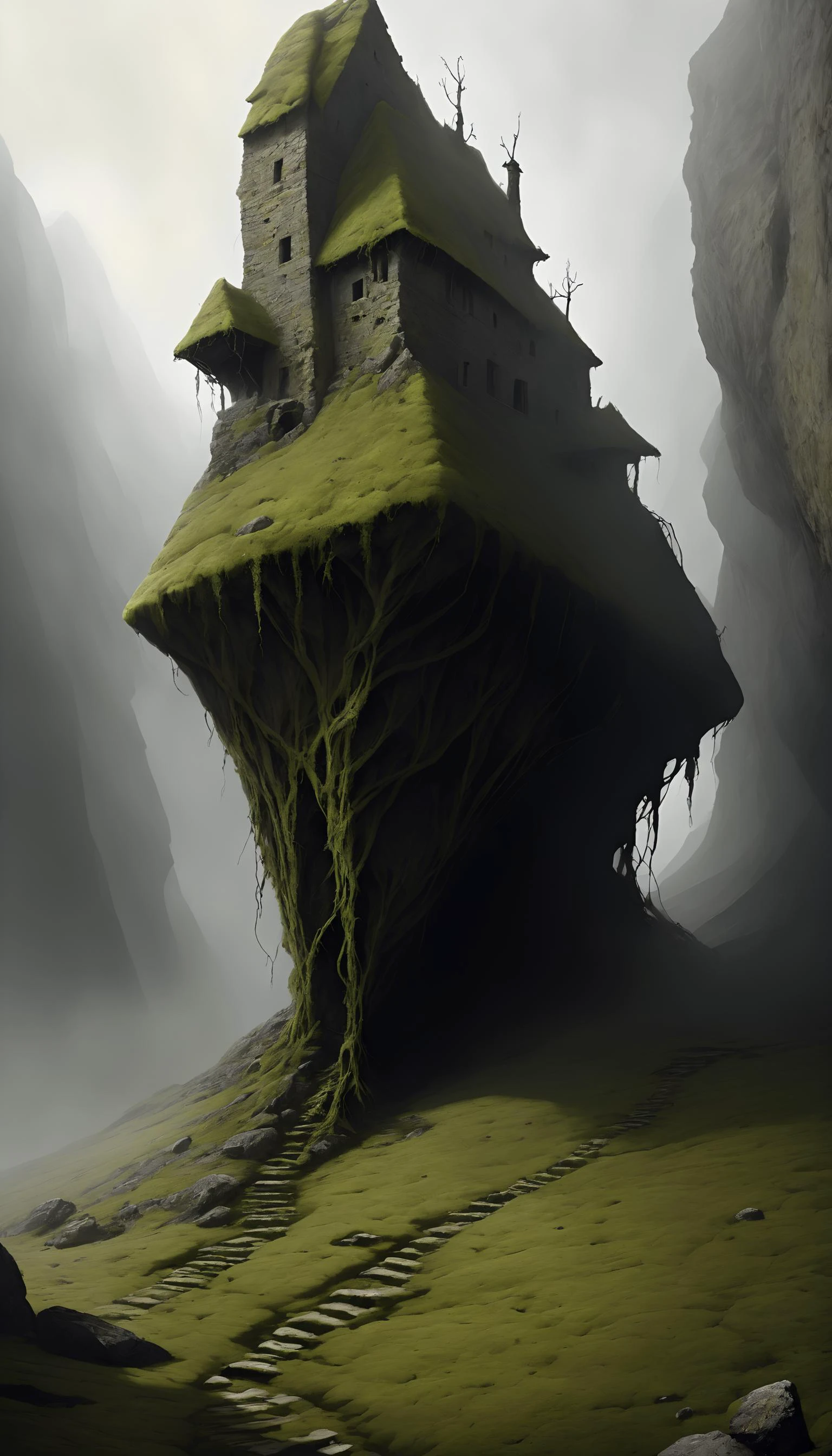 digital artwork, <lora:mosscoveredXL:1>moss prehistoric rock art in a mountainous cave dwelling, no_humans, in foggy moor, dynamic pose, dynamic angle, detailed intricate, nature, natural elements,, (Masterpiece:1.3) (best quality:1.2) (high quality:1.1)