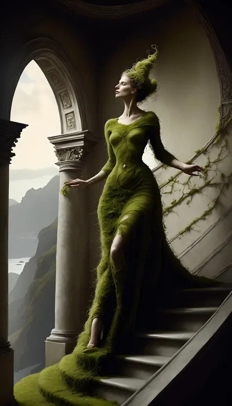 digital artwork, <lora:mosscoveredXL:1>moss woman, clothes in spiral staircase, dynamic pose, dynamic angle, detailed intricate, nature, natural elements,, (Masterpiece:1.3) (best quality:1.2) (high quality:1.1)
