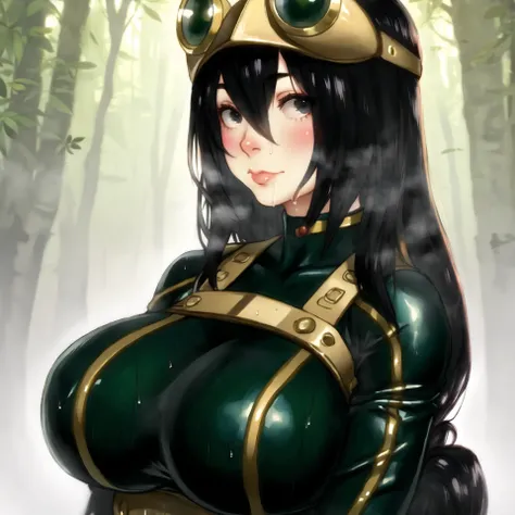 realistic photo of 1girl, asui tsuyu, black eyes, black hair, bodysuit, boku no hero academia, breasts, frog girl, gloves, goggles, green bodysuit, (large breasts:1.4), long hair, solo, wet body, steam, steaming body,by Jeremy Lipking, by William Bouguereau, (by Alphonse Mucha:0.5), collagen <lora:my_LoRA_asuitsuyu_v1:0.5> <lora:my_LoRA_collagen_v1:0.4>