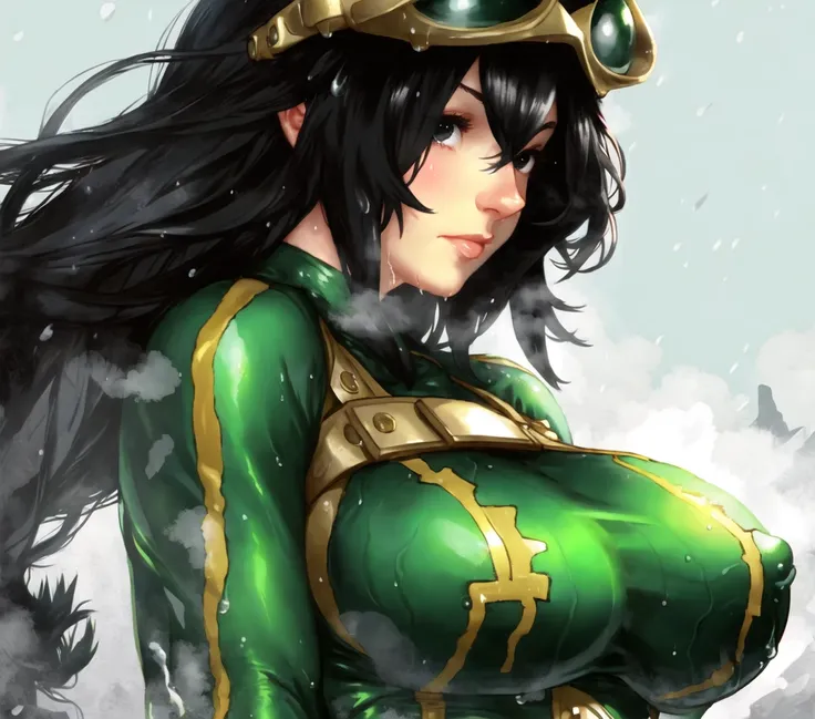 realistic photo of 1girl, asui tsuyu, black eyes, black hair, bodysuit, boku no hero academia, breasts, frog girl, gloves, goggles, green bodysuit, (large breasts:1.4), long hair, solo, wet body, steam, steaming body,by Jeremy Lipking, by William Bouguereau, (by Alphonse Mucha:0.5), collagen <lora:my_LoRA_asuitsuyu_v1:0.5> <lora:my_LoRA_collagen_v1:0.4>
