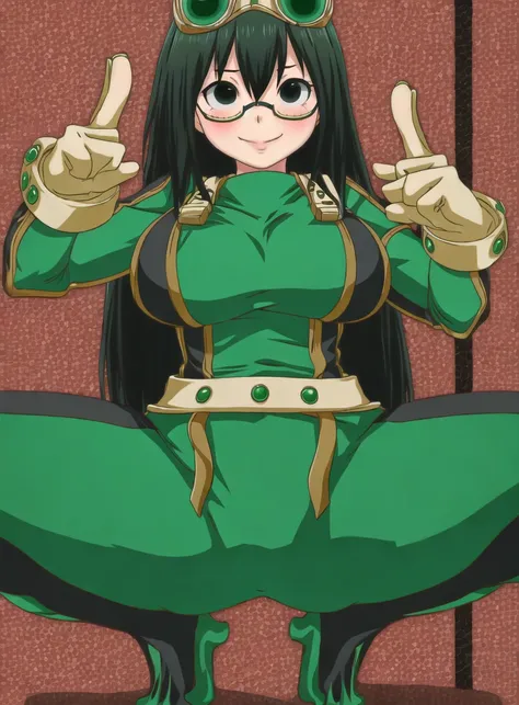 realistic photo of mike inel, 10s, 1girl, asui tsuyu, spread legs, squatting, black eyes, black hair, bodysuit, boku no hero academia, breasts, frog girl, gloves, goggles, green bodysuit, (large breasts:1.4), long hair, solo, 5 fingers,