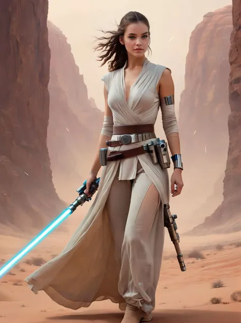 a (full height photograph:1.2) of (ohwx woman:1.3) (by Alyssa Monks:1.1), beautiful lighting, sharp focus, 8k, high res,Masterpiece, Nikon Z9, Award - winning photograph , athletic body ,as Rey from Star Wars, holding a lightsaber, strong and determined expression, set in an iconic Star Wars landscape, desert planet or starship background, cinematic lighting, vivid colors, high-resolution, 8k quality, epic composition, masterpiece, trending on ArtStation, beautifully crafted digital painting, true to the Star Wars universe,A striking, highly detailed image ,(in the style of Stephan Martiniere:1.2) , <lora:barbara_lora_sdxl_v1:1>