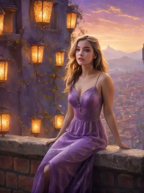 a (full height photograph:1.2) of (ohwx woman:1.3) (by Alyssa Monks:1.1), beautiful lighting, sharp focus, 8k, high res,Masterpiece, Nikon Z9, Award - winning photograph , athletic body ,As Rapunzel from Tangled, clad in her purple dress, long golden hair cascading around her, exploring the kingdom with Flynn Rider and Pascal, floating lanterns illuminating the sky, detailed environment, vivid colors, evocative of the beloved animation style, high-resolution, enchanting and magical scene. ,(in the style of Michael Whelan:1.2) , <lora:barbara_lora_sdxl_v1:1>