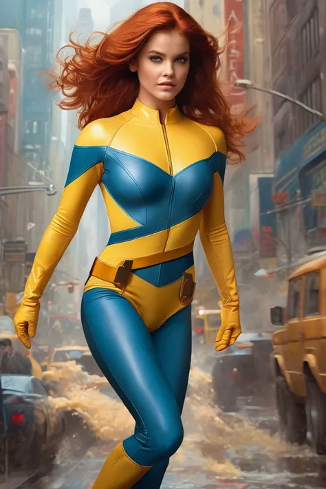 comic book cover, (full height photograph:1.2) of (ohwx woman:1.3) (by Alyssa Monks:1.1), beautiful lighting, sharp focus, 8k, high res,Masterpiece, Nikon Z9, Award - winning photograph , athletic body ,as Jean Grey from X-Men on an impressive comic book cover, stunning red hair, telekinetic powers on display, dynamic action pose, vibrant colors, classic comic book style, bold text, high-resolution, 4k quality, iconic and memorable, true to the X-Men universe, trending on ArtStation, masterful artwork ,(in the style of Wayne Barlowe:1.2) , <lora:barbara_lora_sdxl_v1:1> . graphic illustration, comic art, graphic novel art, vibrant, highly detailed