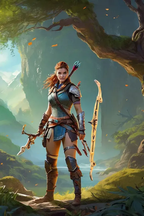 comic book cover, (full height photograph:1.2) of (ohwx woman:1.3) (by Alyssa Monks:1.1), beautiful lighting, sharp focus, 8k, high res,Masterpiece, Nikon Z9, Award - winning photograph , athletic body ,As Aloy in Horizon Zero Dawn, dressed in her distinctive, tribal-inspired armor, wielding her powerful bow and arrows, stalking robotic wildlife in a post-apocalyptic, lush environment, vivid colors, high-resolution, 8k quality, detailed landscape, true to the Horizon Zero Dawn world, captivating digital artwork. ,(in the style of James Gurney:1.2) , <lora:barbara_lora_sdxl_v1:1> . graphic illustration, comic art, graphic novel art, vibrant, highly detailed,digital artwork, illustrative, painterly, matte painting, highly detailed