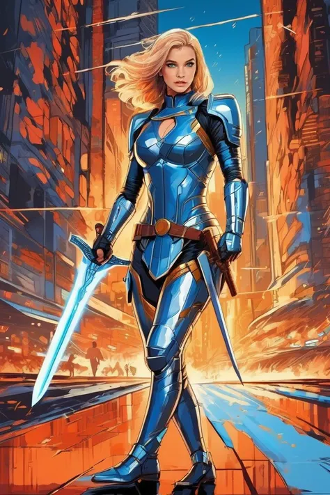 comic book cover, (full height photograph:1.2) of (ohwx woman:1.3) (by Alyssa Monks:1.1), beautiful lighting, sharp focus, 8k, high res,Masterpiece, Nikon Z9, Award - winning photograph , athletic body ,As Saber from Fate/stay night, dressed in her iconic blue and silver armor, wielding her legendary sword Excalibur in an intense battle against other powerful Servants, breathtaking action, vivid colors, detailed environment, evocative of the anime's distinctive art style, high-resolution, capturing the essence of the epic series. ,(in the style of Syd Mead:1.2) , <lora:barbara_lora_sdxl_v1:1> . graphic illustration, comic art, graphic novel art, vibrant, highly detailed,digital artwork, illustrative, painterly, matte painting, highly detailed