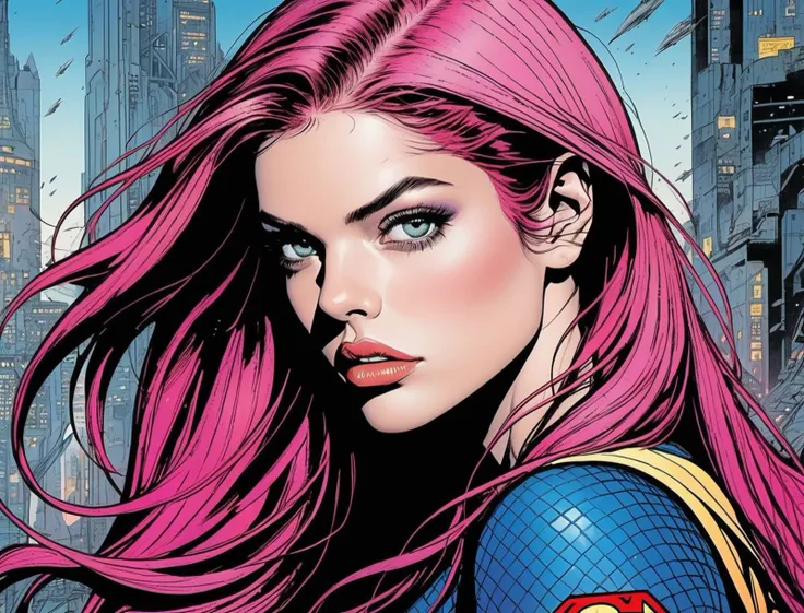 <lora:barbara_lora_sdxl_v1:.5> Barbara Palvin mixed with <lora:alexandradaddario_SDXL:0.5> Alexandra Daddario, ohwx, detailed hair, long hair, pink hair ,art by enki bilal, art by philippe druillet, art by moebius, inspired by french comics art ,battling against superman in metropolis