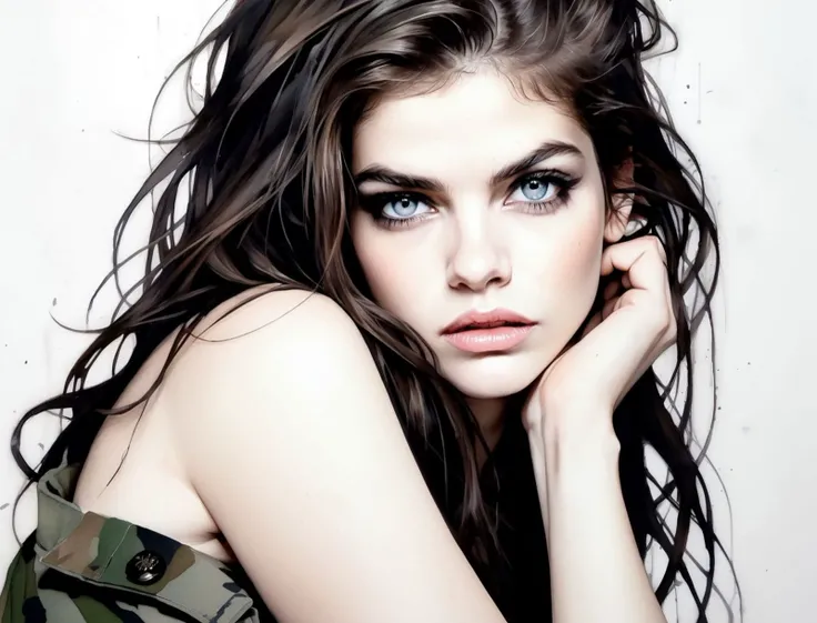 <lora:barbara_lora_sdxl_v1:.5> Barbara Palvin mixed with <lora:alexandradaddario_SDXL:0.5> Alexandra Daddario, ohwx, (topless, nude, hairy pussy,wearing military fatigues) ,art by Agnes Cecile ,detailed hair, messy hair, pitch black hair