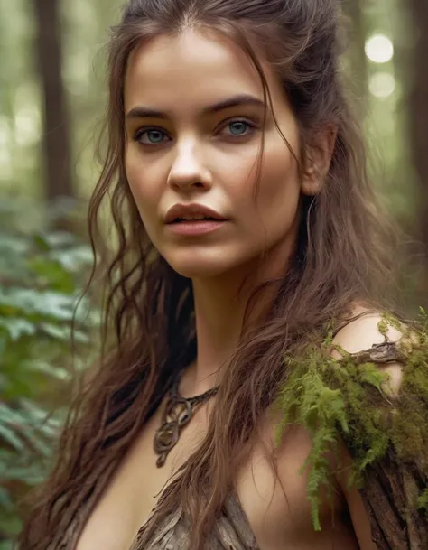 A closeup portait of (ohwx woman) <lora:barbara_lora_sdxl_v1-000008:1> an ancient druid made of bark, she live hidden in the vegetation of a forgotten forest, highly detailed painting, by Artgerm and Raphael Lacoste