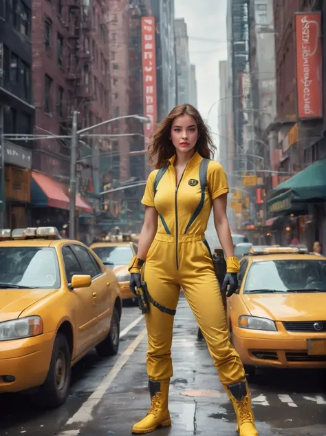 a (full height photograph:1.2) of (ohwx woman:1.3) (by Alyssa Monks:1.1), beautiful lighting, sharp focus, 8k, high res,Masterpiece, Nikon Z9, Award - winning photograph , athletic body ,As April O'Neil from Teenage Mutant Ninja Turtles, clad in her yellow jumpsuit and white boots, reporting on the Turtles' latest adventure, surrounded by the heroes in a half shell, New York City backdrop, dynamic action, vivid colors, detailed environment, nostalgic, reminiscent of the beloved 90s cartoon style. ,(in the style of Joe Gilronan:1.2) , <lora:barbara_lora_sdxl_v1:1>