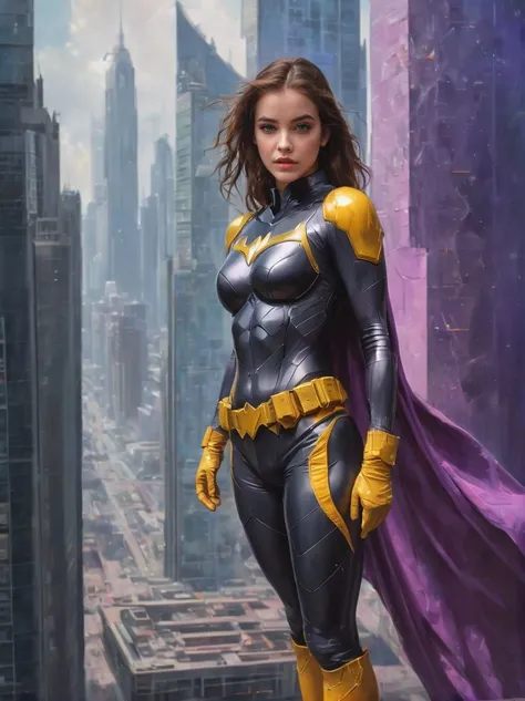 a (full height photograph:1.2) of (ohwx woman:1.3)  (by Alyssa Monks:1.1), beautiful lighting, sharp focus, 8k, high res,Masterpiece, Nikon Z9, Award - winning photograph , athletic body ,As Oracle, formerly Batgirl, donning her signature purple and yellow outfit, coordinating the efforts of her fellow superheroes from her high-tech command center, surrounded by monitors displaying crucial information, intricate details, vivid colors, sharp focus, detailed environment, high-resolution, showcasing her intelligence and strategic prowess. ,(in the style of Wayne Barlowe:1.2)  , <lora:barbara_lora_sdxl_v1:1>