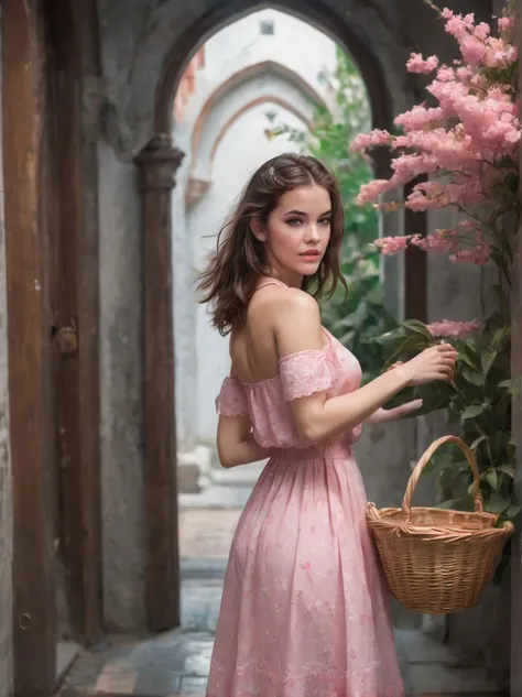 a (full height photograph:1.2) of (ohwx woman:1.3)  (by Alyssa Monks:1.1), beautiful lighting, sharp focus, 8k, high res,Masterpiece, Nikon Z9, Award - winning photograph , athletic body ,As Aerith Gainsborough from Final Fantasy VII, wearing her pink dress, red bolero jacket, and brown boots, carrying her flower basket and staff. She stands in the iconic Sector 5 Church, surrounded by blooming flowers, her gentle and compassionate demeanor offering hope and solace to those in need. ,(in the style of lord of the rings:1.2)  , <lora:barbara_lora_sdxl_v1:1>