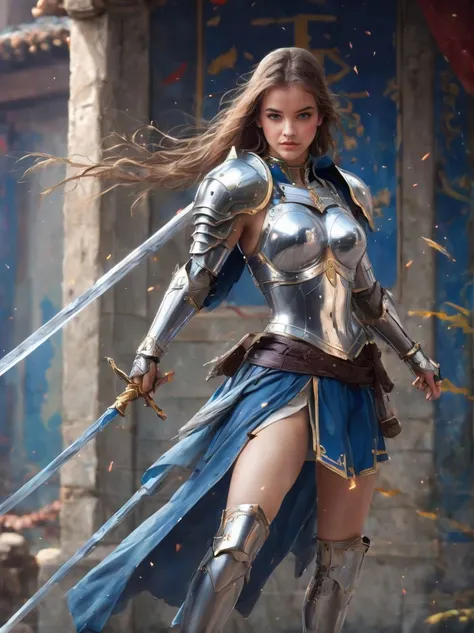 a (full height photograph:1.2) of (ohwx woman:1.3)  (by Alyssa Monks:1.1), beautiful lighting, sharp focus, 8k, high res,Masterpiece, Nikon Z9, Award - winning photograph , athletic body ,As Saber from Fate/stay night, dressed in her iconic blue and silver armor, wielding her legendary sword Excalibur in an intense battle against other powerful Servants, breathtaking action, vivid colors, detailed environment, evocative of the anime's distinctive art style, high-resolution, capturing the essence of the epic series. ,(in the style of Raphael Lacoste:1.2)  , <lora:barbara_lora_sdxl_v1:1>