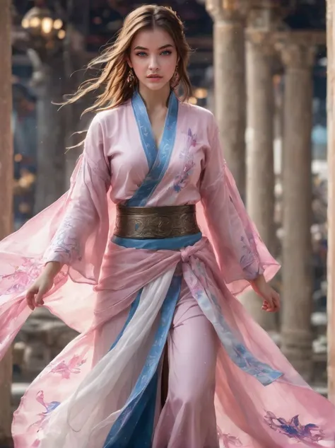 a (full height photograph:1.2) of (ohwx woman:1.3)  (by Alyssa Monks:1.1), beautiful lighting, sharp focus, 8k, high res,Masterpiece, Nikon Z9, Award - winning photograph , athletic body ,As Yuna from Final Fantasy X, adorned in her intricate summoner's outfit with its detailed blue and white robe, ornate yellow obi, and flowing pink sleeves. She performs a sending ritual near the shore, her elegant movements and determination to fulfill her duty captured in a mesmerizing display of light and water. ,(in the style of Raymond Swanland:1.2)  , <lora:barbara_lora_sdxl_v1:1>