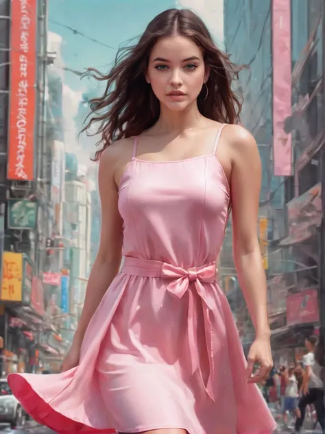 a (full height photograph:1.2) of (ohwx woman:1.3) (by Alyssa Monks:1.1), beautiful lighting, sharp focus, 8k, high res,Masterpiece, Nikon Z9, Award - winning photograph , athletic body ,As Blossom from The Powerpuff Girls, wearing her signature pink dress and red bow, flying alongside her sisters, Bubbles and Buttercup, defending Townsville from evil, dynamic action, vivid colors, distinct cartoon style, detailed cityscape, epic composition, high-resolution, capturing the essence of the beloved series. ,(in the style of Keith Parkinson:1.2) , <lora:barbara_lora_sdxl_v1:1>