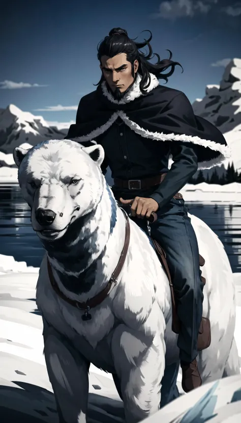 (cowboy shot), sfw, (masterpiece), (best quality:1.0), (ultra highres:1.0), detailed eyes, scenic shot
BREAK
<lora:TonraqTLOK-000007:0.7>TonraqTLOK , muscular male,
, dark-blue capelet, blue shirt, long sleeves, blue pants, (riding polar bear)
BREAK
winter, gorgeous view