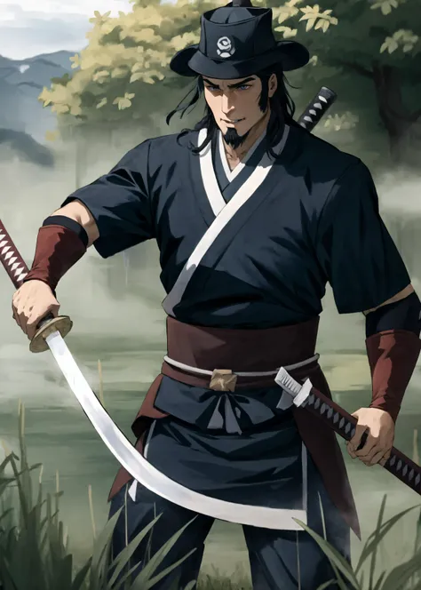 (cowboy shot),  sfw, (masterpiece), (best quality:1.0), (ultra highres:1.0), detailed eyes
BREAK
<lora:TonraqTLOK-000007:0.7>TonraqTLOK , dynamic pose, samurai robes, ronin, samurai hat
<lyco:UnlimitedBladeWorksV1:1.0> holding katana, pouches
BREAK
paddy fields, gorgeous view