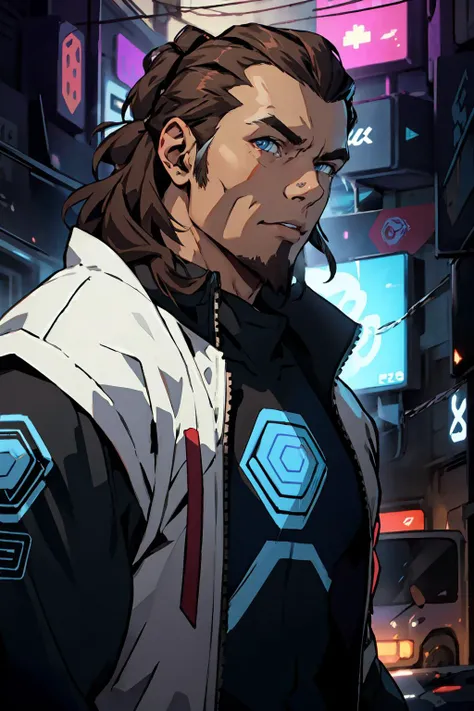 anime, masterpiece, best quality, ultra-detailed, medium close-up portrait of attractive cyberpunked, futuristic Tonraq, long dark brown hair, giant muscular, intricate cyberpunk outfit, detailed eyes, vibrant cyberpunk background, looking at viewer, volumetric lighting, best quality, masterpiece, intricate details, tonemapping, sharp focus, hyper detailed, trending on Artstation, <lora:Tonraq:0.7>