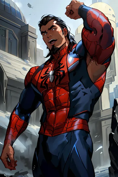 masterpiece, best quality, ultra-detailed, portrait of attractive Tonraq, giant muscular, spider-man outfit, looking_at_viewer, closed_mouth, new york city background, detailed eyes, portrait, volumetric lighting, intricate details, tonemapping, sharp focus, hyper detailed, trending on Artstation, <lora:Tonraq:0.7>