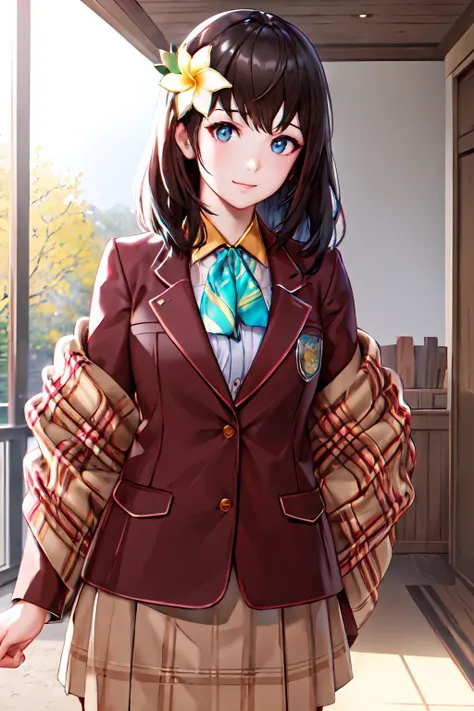 masterpiece, (best quality), 1woman,1girl ,beautiful woman, beautiful face, cowboy shot, vibrant colors ,natural lighting ,RTX, perfect proportions, beautiful, detailed face, showcase, (perfect eyes:1.1) ,(photorealistic:1.1), 8k uhd, looking a viewer, outdoors, simple background, hana macchia, long hair, smile, blue eyes, brown hair, shirt, hair ornament, closed mouth, jacket, white shirt, flower, collared shirt, indoors, hair flower, medium hair, scarf, plaid, blazer, white flower, red jacket, brown jacket , skirt, random pose, random angle, dynamic pose, dynamic angle,   Standing with hands on cheeks, surprised expression, <lora:HanaMachhia:0.85>