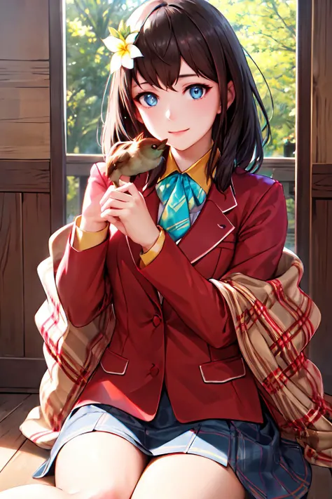 masterpiece, (best quality), 1woman,1girl ,beautiful woman, beautiful face, cowboy shot, vibrant colors ,natural lighting ,RTX, perfect proportions, beautiful, detailed face, showcase, (perfect eyes:1.1) ,(photorealistic:1.1), 8k uhd, looking a viewer, outdoors, simple background, hana macchia, long hair, smile, blue eyes, brown hair, shirt, hair ornament, closed mouth, jacket, white shirt, flower, collared shirt, indoors, hair flower, medium hair, scarf, plaid, blazer, white flower, red jacket, brown jacket , skirt, random pose, random angle, dynamic pose, dynamic angle, Kneeling and mimicking feeding a little bird, <lora:HanaMachhia:0.85>