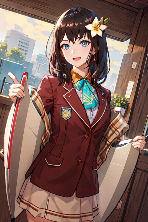 masterpiece, (best quality), 1woman,1girl ,beautiful woman, beautiful face, cowboy shot, vibrant colors ,natural lighting ,RTX, perfect proportions, beautiful, detailed face, showcase, (perfect eyes:1.1) ,(photorealistic:1.1), 8k uhd, looking a viewer, outdoors, simple background, hana macchia, long hair, smile, blue eyes, brown hair, shirt, hair ornament, closed mouth, jacket, white shirt, flower, collared shirt, indoors, hair flower, medium hair, scarf, plaid, blazer, white flower, red jacket, brown jacket , skirt, random pose, random angle, dynamic pose, dynamic angle,   Balancing, pretending to be surfing on a board, <lora:HanaMachhia:0.85>
