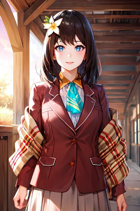 masterpiece, (best quality), 1woman,1girl ,beautiful woman, beautiful face, cowboy shot, vibrant colors ,natural lighting ,RTX, perfect proportions, beautiful, detailed face, showcase, (perfect eyes:1.1) ,(photorealistic:1.1), 8k uhd, looking a viewer, outdoors, simple background, hana macchia, long hair, smile, blue eyes, brown hair, shirt, hair ornament, closed mouth, jacket, white shirt, flower, collared shirt, indoors, hair flower, medium hair, scarf, plaid, blazer, white flower, red jacket, brown jacket , skirt, random pose, random angle, dynamic pose, dynamic angle, Walking as if on hot sand, <lora:HanaMachhia:0.85>