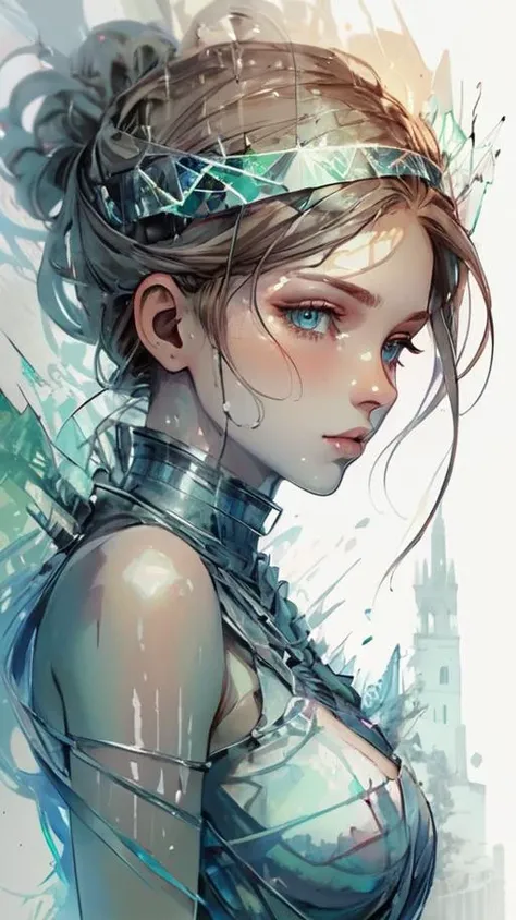 A girl in Lost Land of Ancient Advanced Civilization, A forgotten kingdom of towering spires and mysterious ruins, shrouded in a thick fog of secrets and forgotten knowledge. in the style of Carne Griffiths, Broken Glass effect, no background, stunning, something that even doesn't exist, mythical being, energy, molecular, textures, iridescent and luminescent scales, breathtaking beauty, pure perfection, divine presence, unforgettable, impressive, breathtaking beauty, Volumetric light, auras, rays, vivid colors reflects