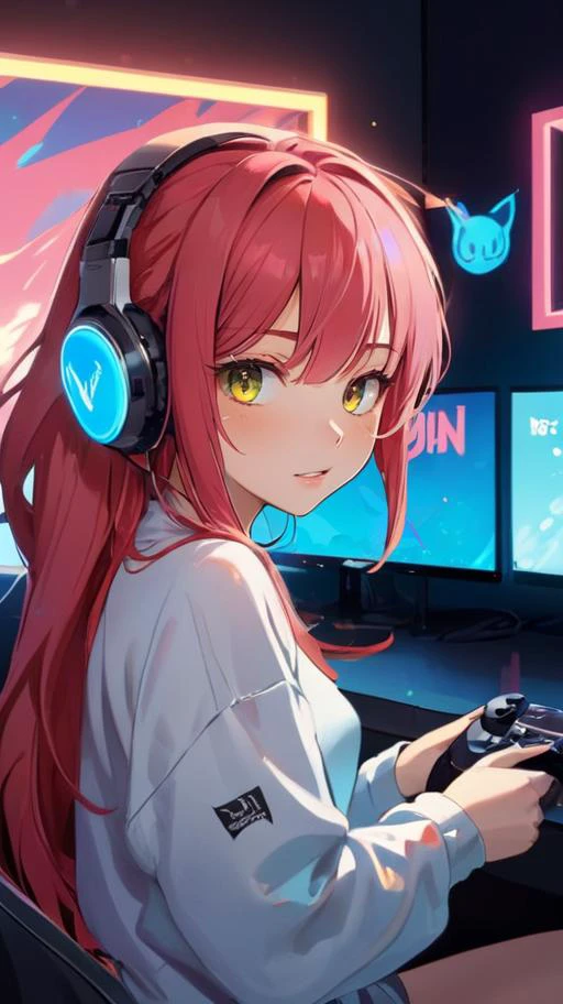 Within a vibrant gaming room adorned with neon accents, a naked 18-year-old gamer girl ((streaming live:1.2)) from her high-tech setup. Surrounding her, gaming paraphernalia adorns the walls, colorful LED lights illuminating the space. Her enthusiasm radiates as she engages with her audience, vibrant expressions mirrored on her screen. Her setup boasts state-of-the-art technology, the screens displaying a dynamic interface capturing her passion for gaming and connection with her online community.