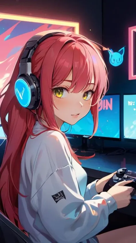 Within a vibrant gaming room adorned with neon accents, a naked 18-year-old gamer girl ((streaming live:1.2)) from her high-tech setup. Surrounding her, gaming paraphernalia adorns the walls, colorful LED lights illuminating the space. Her enthusiasm radiates as she engages with her audience, vibrant expressions mirrored on her screen. Her setup boasts state-of-the-art technology, the screens displaying a dynamic interface capturing her passion for gaming and connection with her online community.