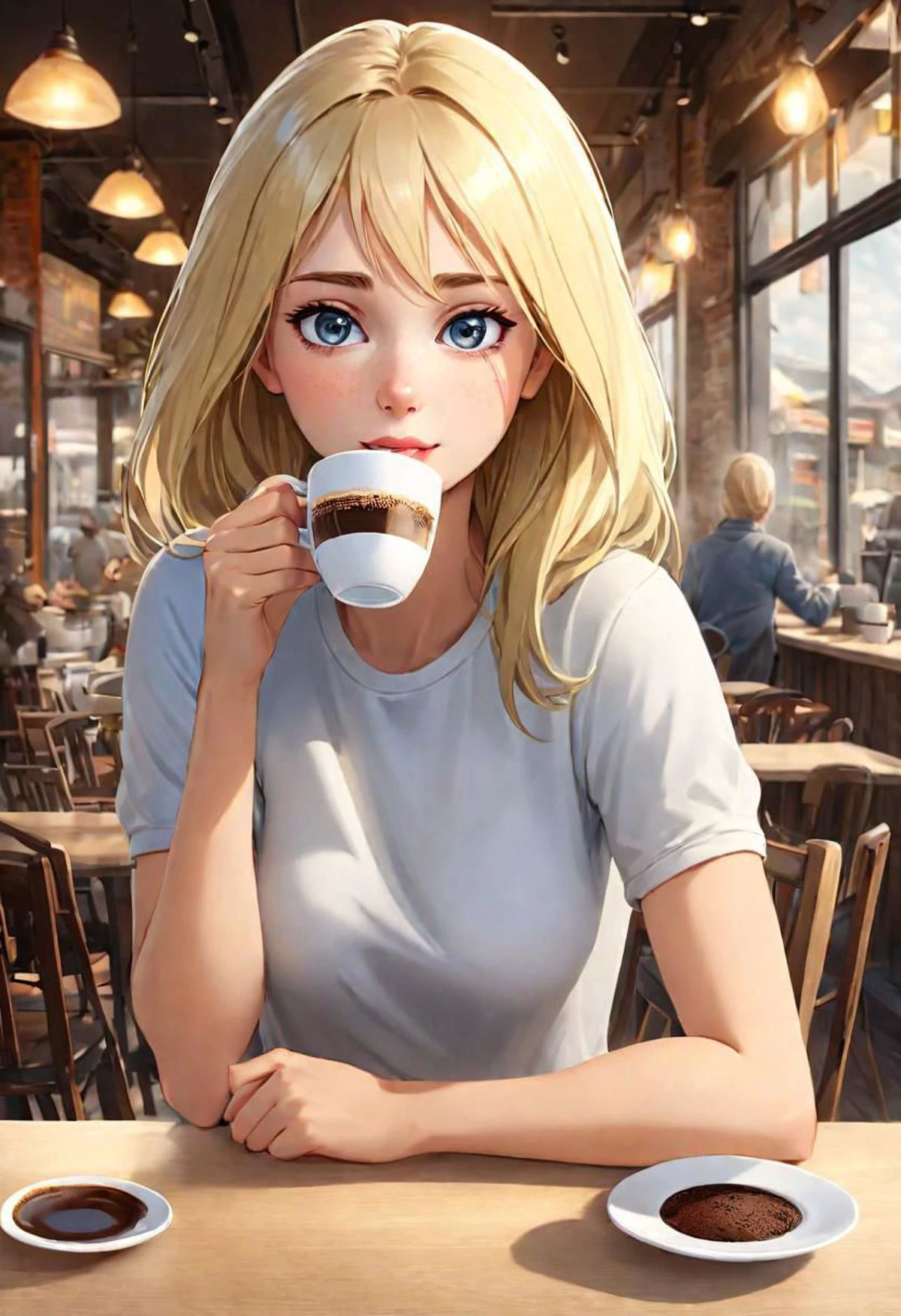 (masterpiece)
a beautiful blond girl drinking coffee,
coffe shop background,
HDR, 8k, trending on artstation,